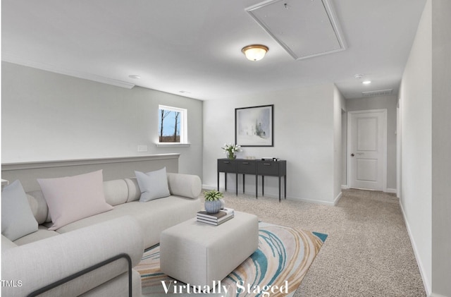 90 Rigsby Ave, Four Oaks, NC 27524 - carpeted living area with baseboards, visible vents, attic access, and recessed lighting