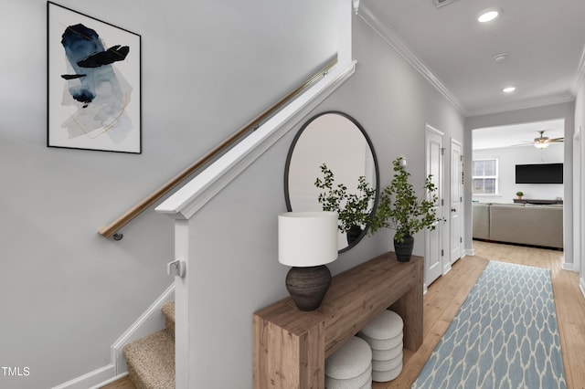 90 Rigsby Ave, Four Oaks, NC 27524 - interior space featuring recessed lighting, light wood-style flooring, baseboards, stairway, and crown molding