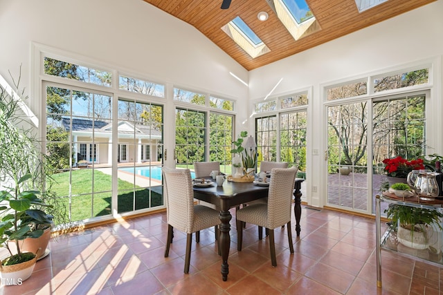 sunroom featuring lofted ceiling with skylight and wooden ceiling