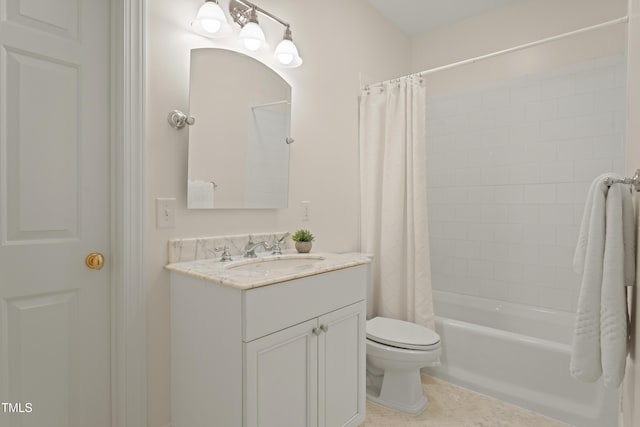 full bath with toilet, tile patterned floors, shower / bathtub combination with curtain, and vanity