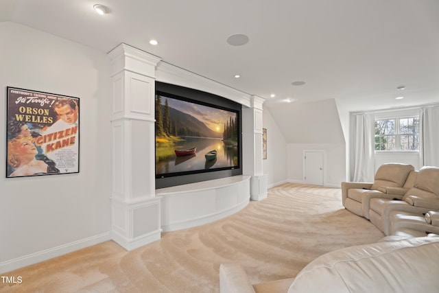 cinema with light carpet, baseboards, vaulted ceiling, and recessed lighting