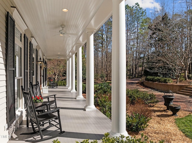 view of patio with covered porch and a ceiling fan