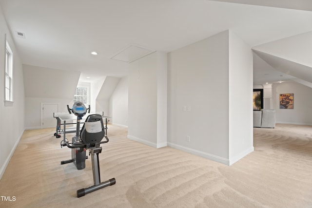 exercise room featuring recessed lighting, light colored carpet, visible vents, attic access, and baseboards