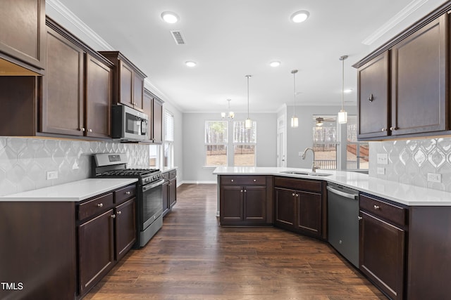 kitchen with ornamental molding, a sink, stainless steel appliances, dark brown cabinetry, and a peninsula