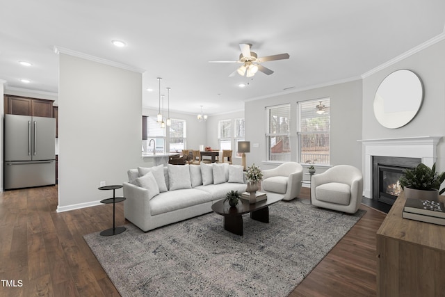 living room with dark wood finished floors, crown molding, a fireplace with flush hearth, and ceiling fan