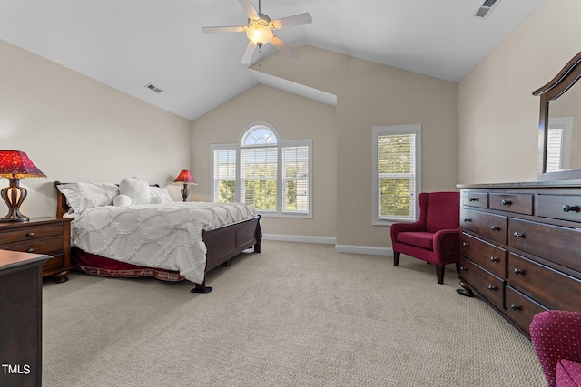 bedroom featuring light carpet, vaulted ceiling, visible vents, and baseboards