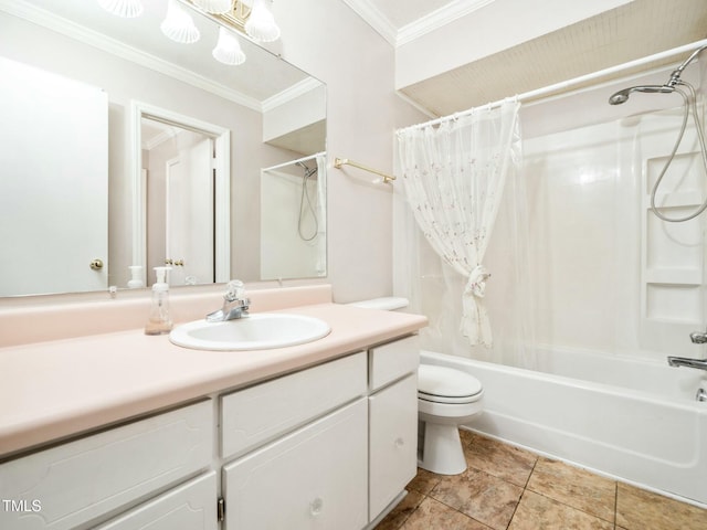 full bathroom with tile patterned flooring, toilet, vanity, shower / tub combo with curtain, and crown molding