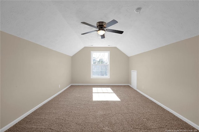 additional living space featuring a textured ceiling, carpet floors, lofted ceiling, and baseboards