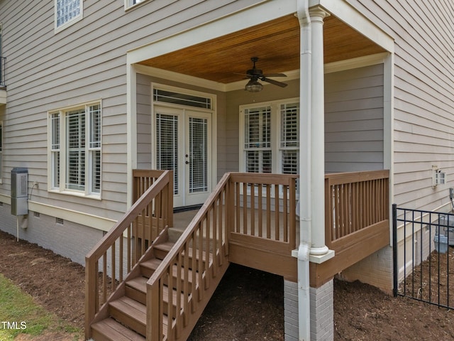 deck featuring french doors and a ceiling fan