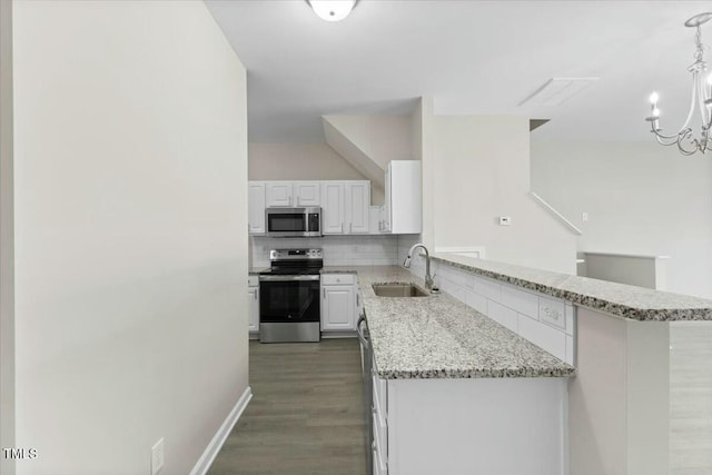 kitchen featuring decorative backsplash, white cabinets, appliances with stainless steel finishes, a peninsula, and a sink