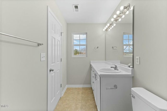 bathroom with toilet, baseboards, visible vents, and vanity