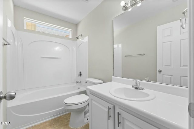 full bathroom with  shower combination, tile patterned flooring, toilet, and vanity