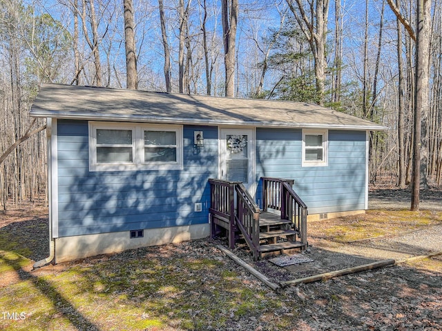 view of front of home featuring crawl space and a shingled roof