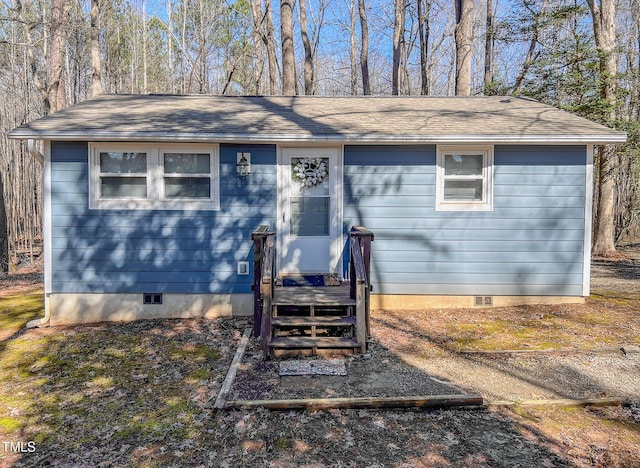 single story home with crawl space and a shingled roof