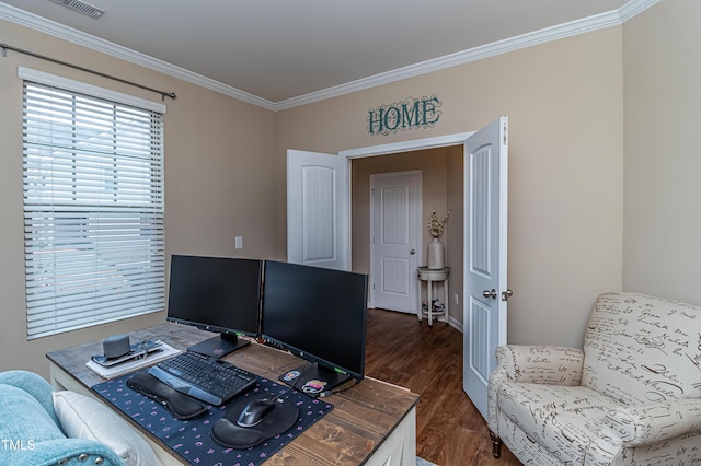 office space with dark wood finished floors and crown molding