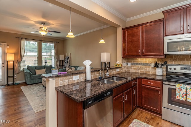 kitchen with a sink, appliances with stainless steel finishes, a peninsula, crown molding, and decorative backsplash