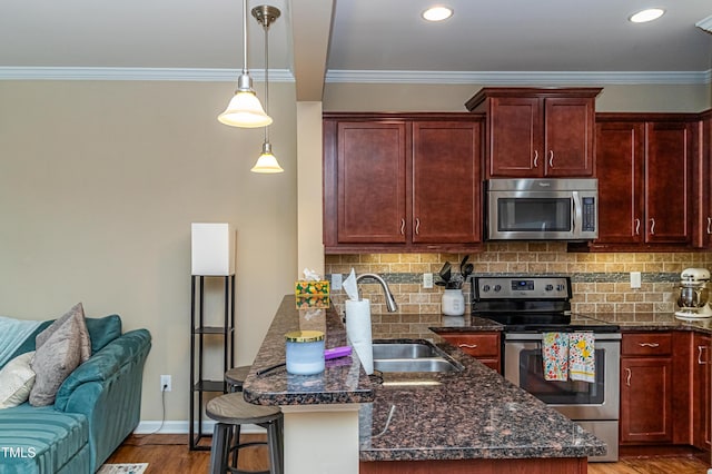 kitchen featuring ornamental molding, a sink, tasteful backsplash, wood finished floors, and appliances with stainless steel finishes