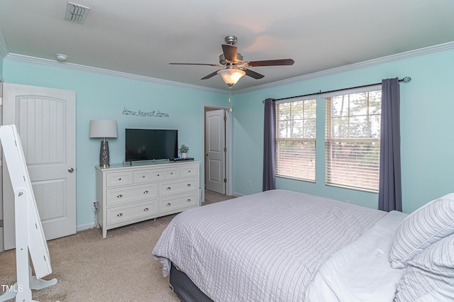 bedroom featuring visible vents, light colored carpet, crown molding, and a ceiling fan