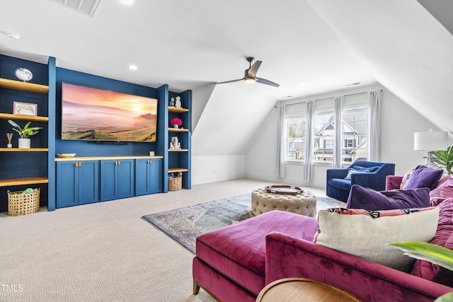 living area featuring visible vents, ceiling fan, lofted ceiling, carpet flooring, and recessed lighting