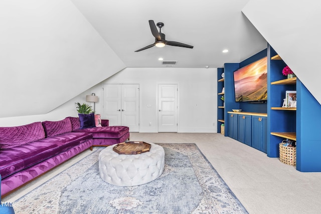 carpeted living area featuring built in shelves, a ceiling fan, visible vents, lofted ceiling, and recessed lighting