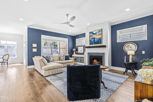 living room featuring wood finished floors, baseboards, and a wealth of natural light