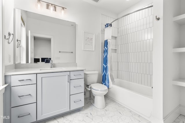 bathroom with visible vents, toilet, shower / bath combo, and vanity