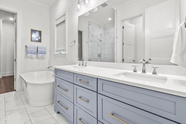 full bathroom with visible vents, marble finish floor, a shower stall, and a sink