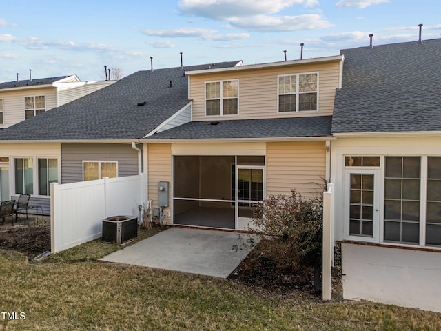 10133 Bessborough Dr, Raleigh, NC 27617 - rear view of property with roof with shingles, cooling unit, fence, a sunroom, and a patio