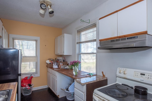 kitchen featuring white cabinetry, plenty of natural light, white electric range oven, and under cabinet range hood