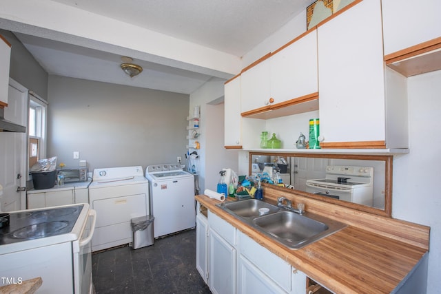 kitchen featuring white electric stove, separate washer and dryer, a sink, white cabinets, and light countertops