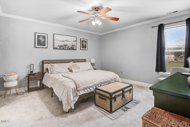 bedroom featuring crown molding, visible vents, a ceiling fan, light carpet, and baseboards