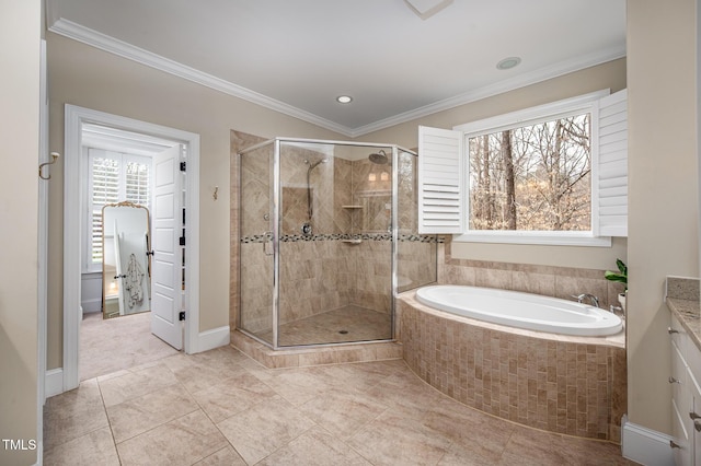 bathroom with ornamental molding, a stall shower, a garden tub, and tile patterned floors