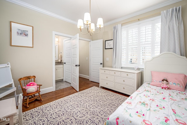 bedroom with ornamental molding, a chandelier, baseboards, and wood finished floors