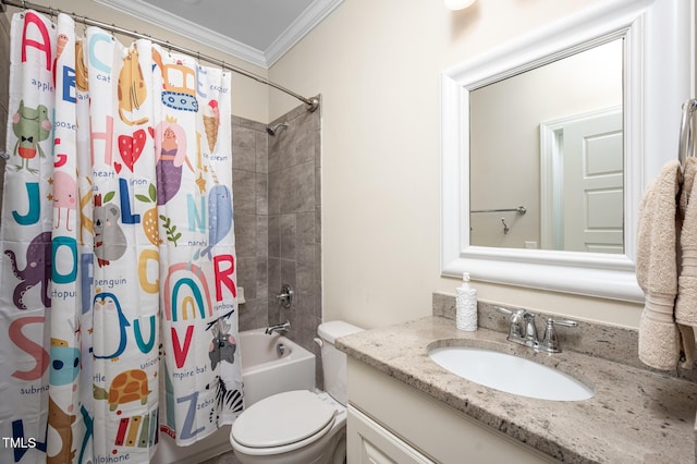 bathroom featuring toilet, shower / bathtub combination with curtain, vanity, and crown molding