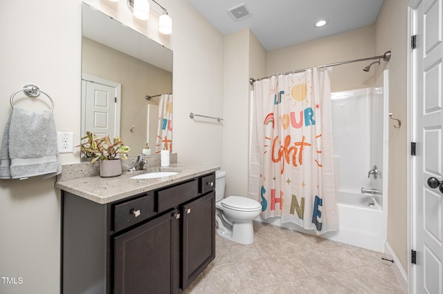 bathroom with visible vents, shower / bathtub combination with curtain, toilet, vanity, and tile patterned flooring