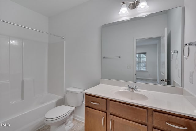 full bath with tub / shower combination, toilet, and vanity