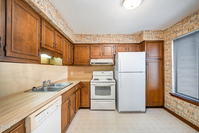 kitchen with a textured ceiling, white appliances, a sink, light countertops, and range hood