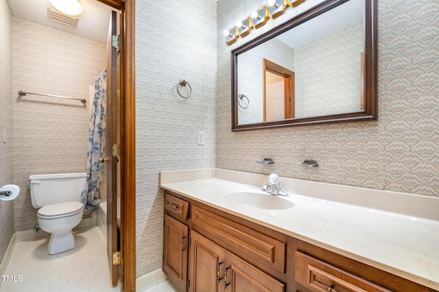 full bath featuring visible vents, wallpapered walls, toilet, vanity, and tile patterned floors