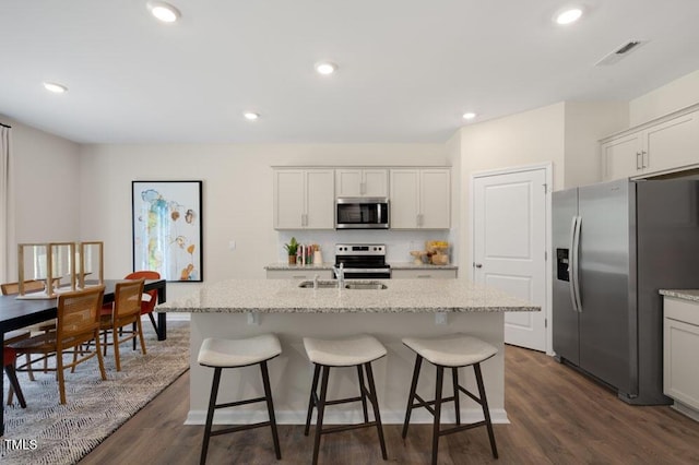 kitchen featuring stainless steel appliances, an island with sink, a sink, and dark wood finished floors