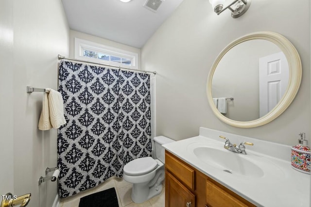 full bath featuring a shower with curtain, visible vents, toilet, vanity, and tile patterned flooring