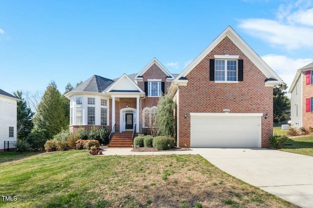 view of front of property featuring driveway, a garage, a front yard, and brick siding