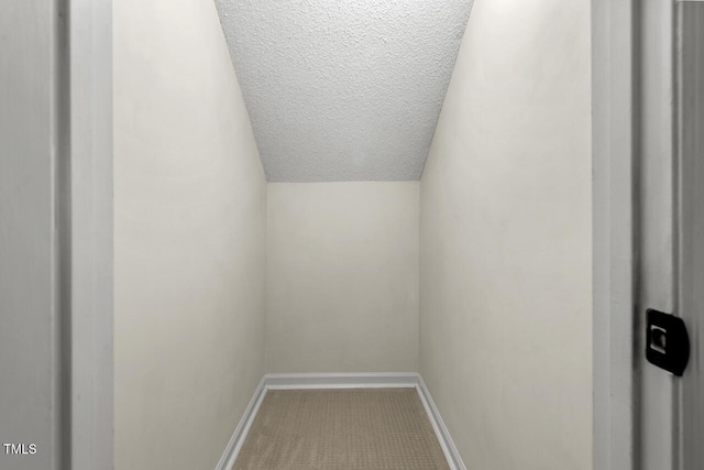 interior space with carpet, a textured ceiling, and baseboards