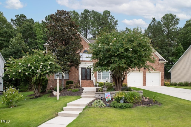 view of front of home featuring an attached garage, brick siding, concrete driveway, french doors, and a front lawn