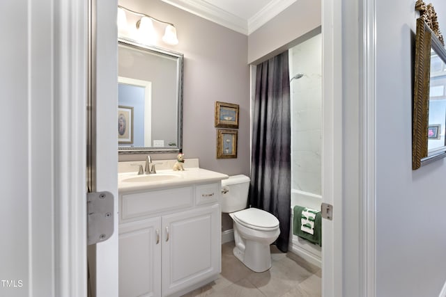 5204 Sandbridge Rd, Bailey, NC 27807 - bathroom with ornamental molding, toilet, vanity, shower / bath combination with curtain, and tile patterned floors
