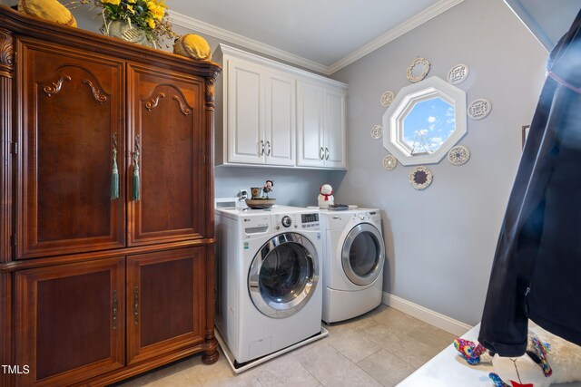 5204 Sandbridge Rd, Bailey, NC 27807 - washroom with washer and clothes dryer, baseboards, cabinet space, crown molding, and light tile patterned floors