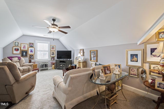 5204 Sandbridge Rd, Bailey, NC 27807 - living room featuring carpet, vaulted ceiling, ceiling fan, and baseboards