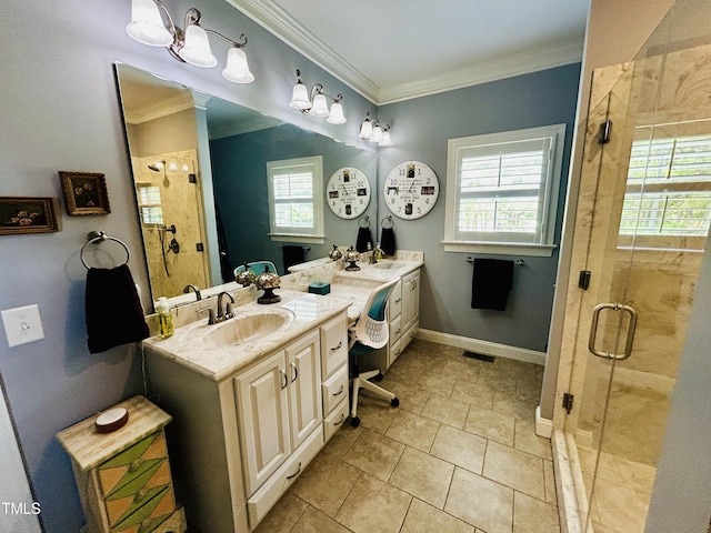 5204 Sandbridge Rd, Bailey, NC 27807 - full bath featuring crown molding, vanity, a stall shower, plenty of natural light, and baseboards
