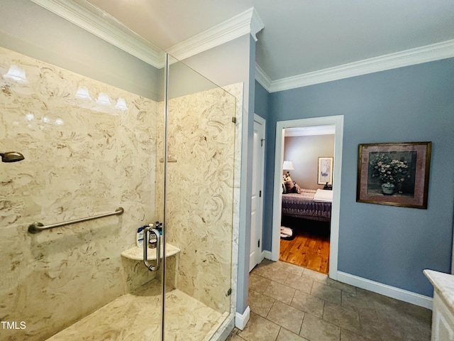 5204 Sandbridge Rd, Bailey, NC 27807 - bathroom with crown molding, a walk in shower, ensuite bathroom, tile patterned flooring, and baseboards