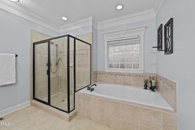 bathroom with a stall shower, tile patterned flooring, ornamental molding, and a bath