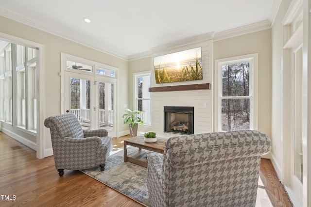 living room with baseboards, wood finished floors, ornamental molding, and a fireplace